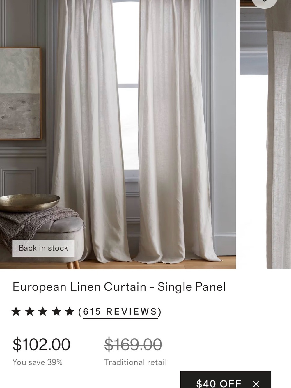 Quince European Linen Curtain Single Panel - Cloud | 48x108